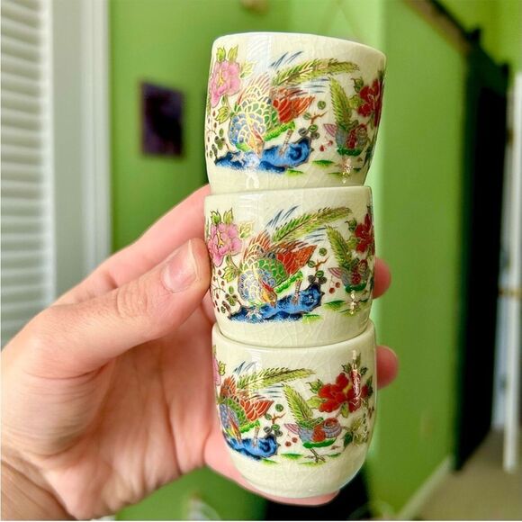 Oriental Vintage Rustic Retro Floral Bird Mini Cup Mug Collectible Set of 3 - Picture 6 of 11